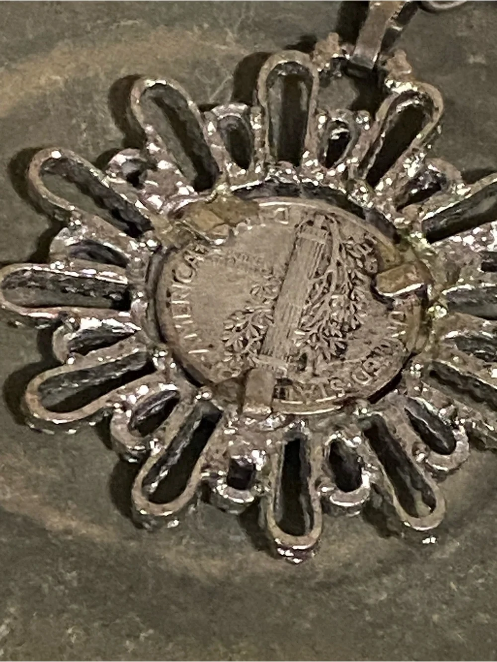 1942 Mercury Silver Dime In Starburst Pendant With Chain